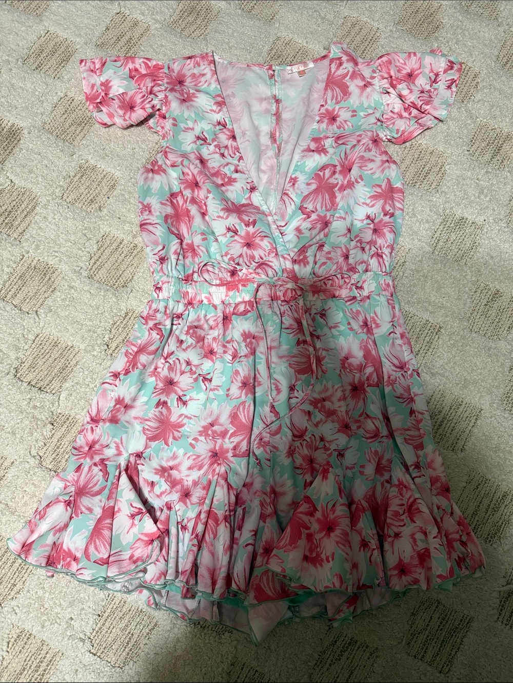 Luxxel Mint and Pink Floral Wrap Romper
